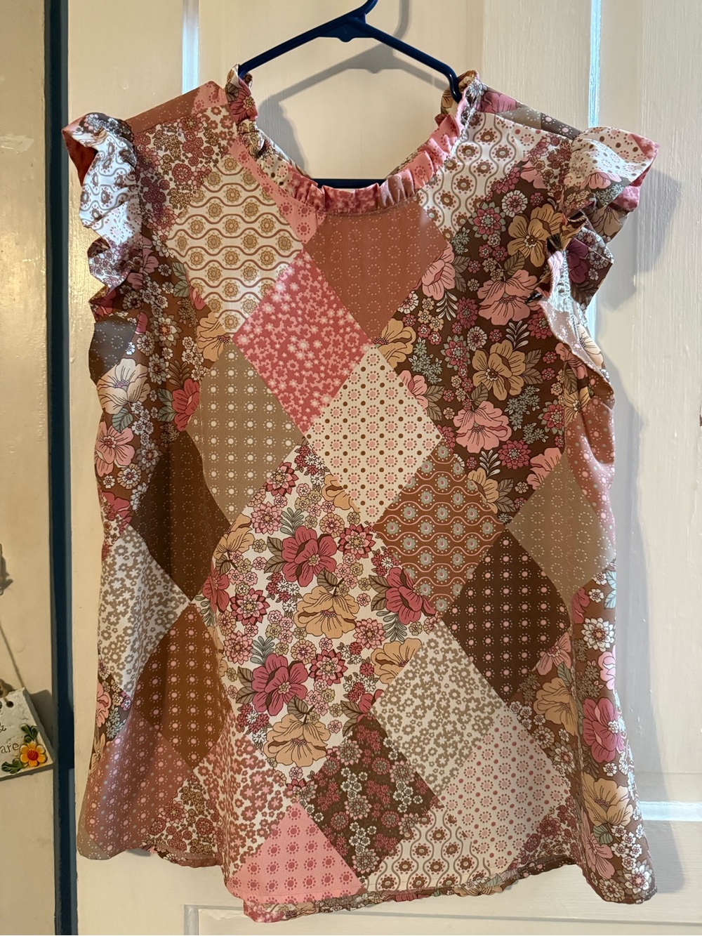 Womens Pink & Brown Floral Patchwork Ruffle Sleeve Top